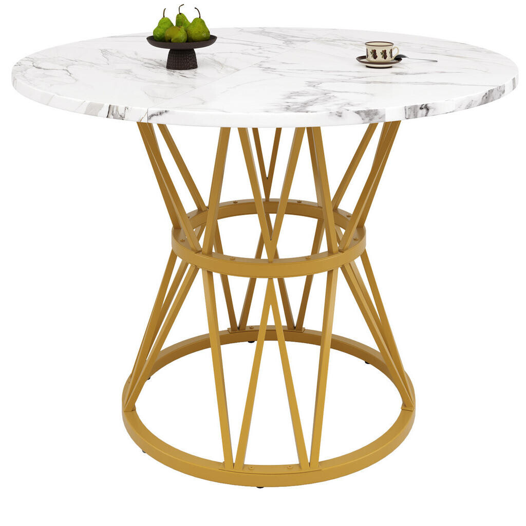 Redom JÍDELNÍ stůl 100/100/76 cm s kulatou deskou z MDF v dekoru mramoru a nastavitelnými nožkami, Zlatá