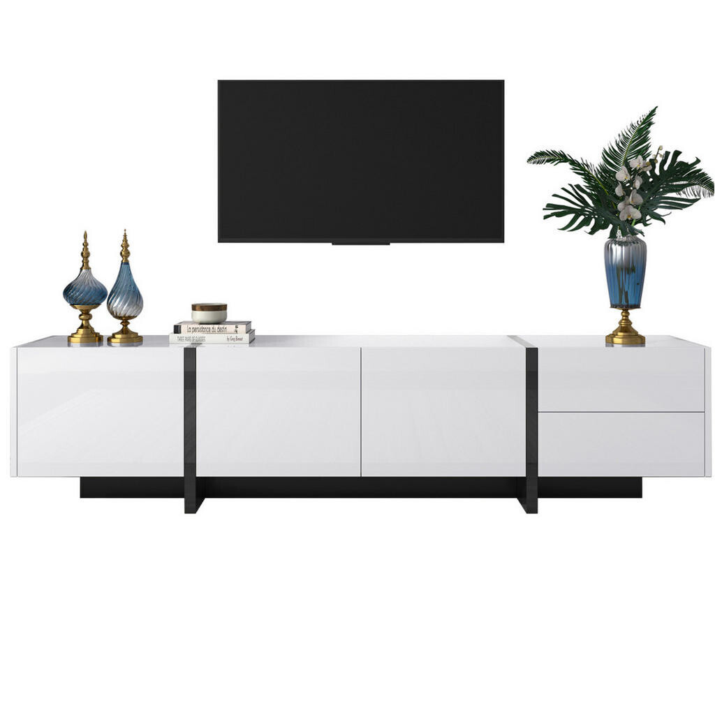 Redom TV stolek 190/45/35 cm s vysokým leskem, 3 dvířky, 2 zásuvkami a policemi, Bílá a černá