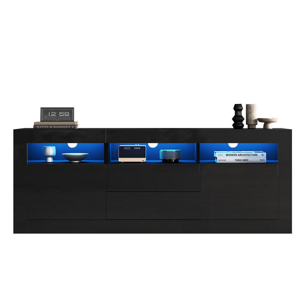 Redom TV stolek 160/35/60 cm s LED osvětlením, vysokým leskem, 3 otevřenými přihrádkami, 2 dvířky a 2 zásuvkami, Černá