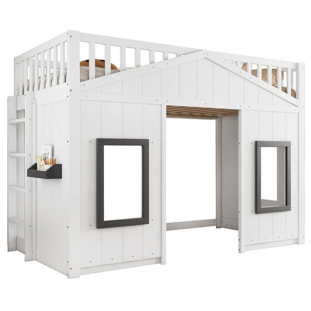 OKWISH PATROVÁ postel 90/200 cm bílá se schody a ochranou proti pádu z borovice + MDF