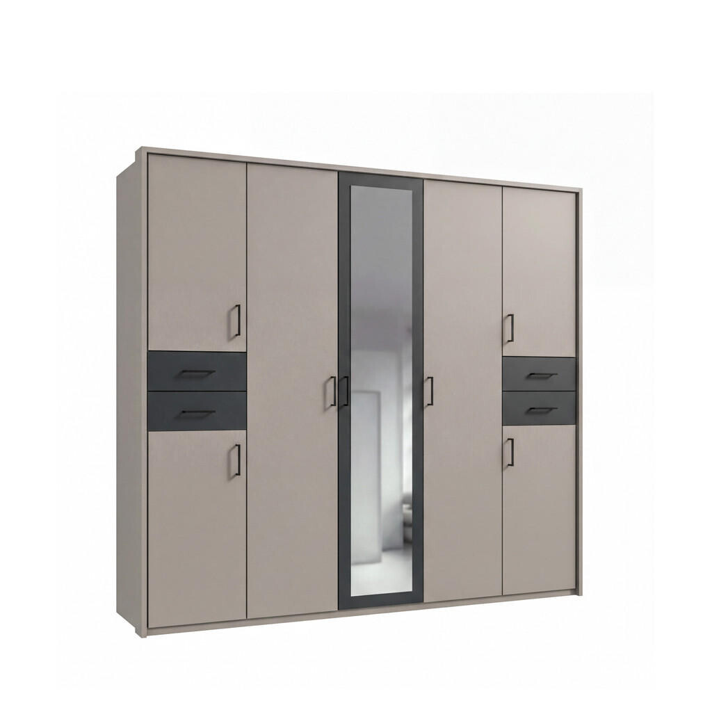 luma-home SKŘÍŇ S OTOČNÝMI DVEŘMI Š228/V210/H58 cm, pískově šedá s grafitovými akcenty, s paspartou, 1 zrcadlovými dveřmi a zásuvkami, úchytky černé /