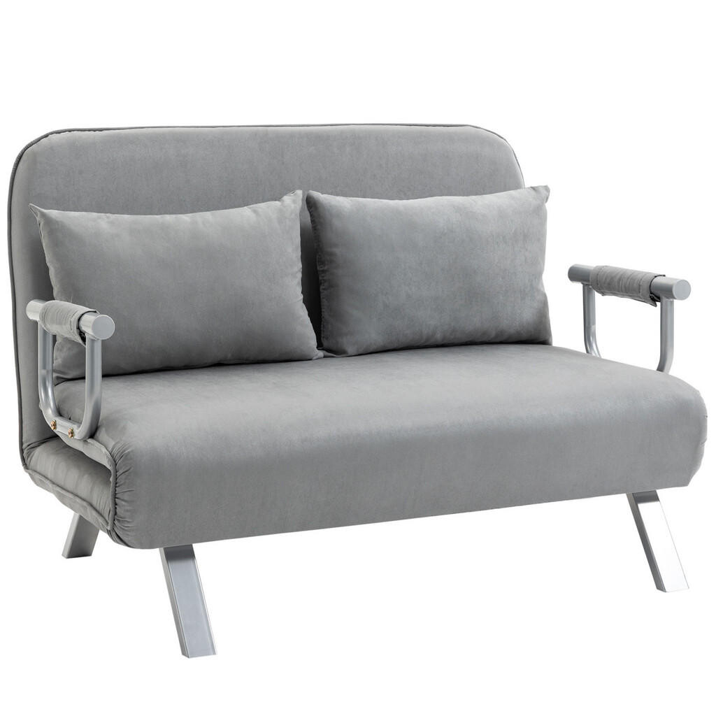 HOMCOM ROZKLÁDACÍ SOFA Dvoumístná s funkcí lůžka, jednolůžko s polštáři, samet, světle šedá