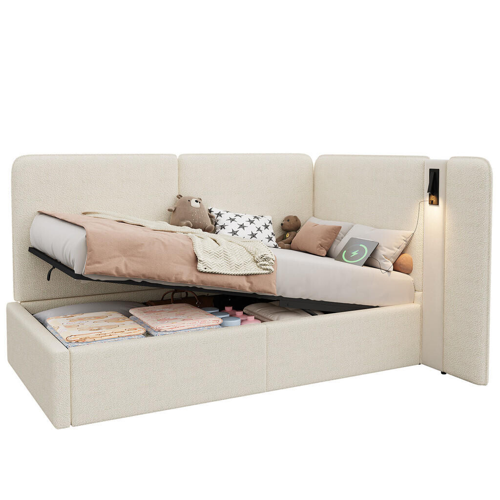 FLIEKS DAYBED 90x200 Béžová Bouclé USB Hydraulika Úložný Prostor