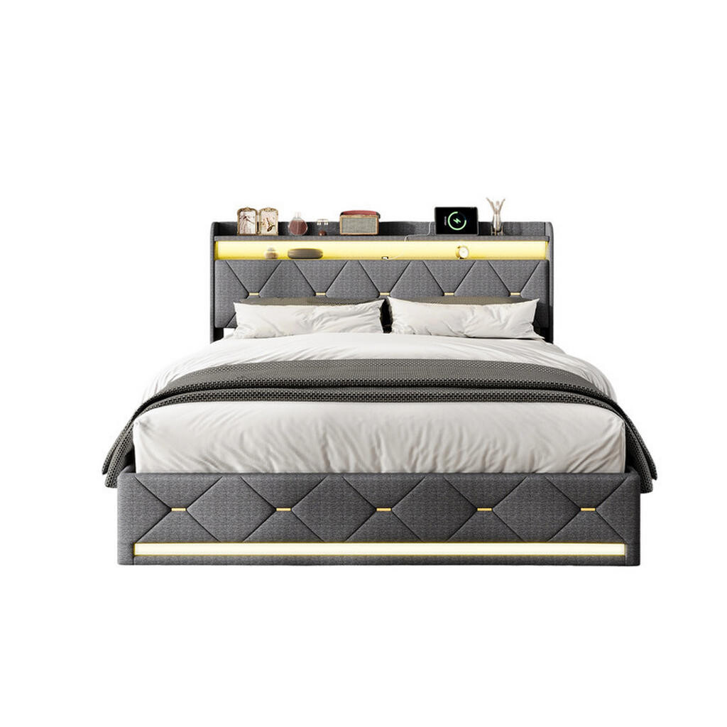 SHOPENTRA ČALOUNĚNÁ postel 140/200 cm šedá lněná s úložným prostorem RGB LED