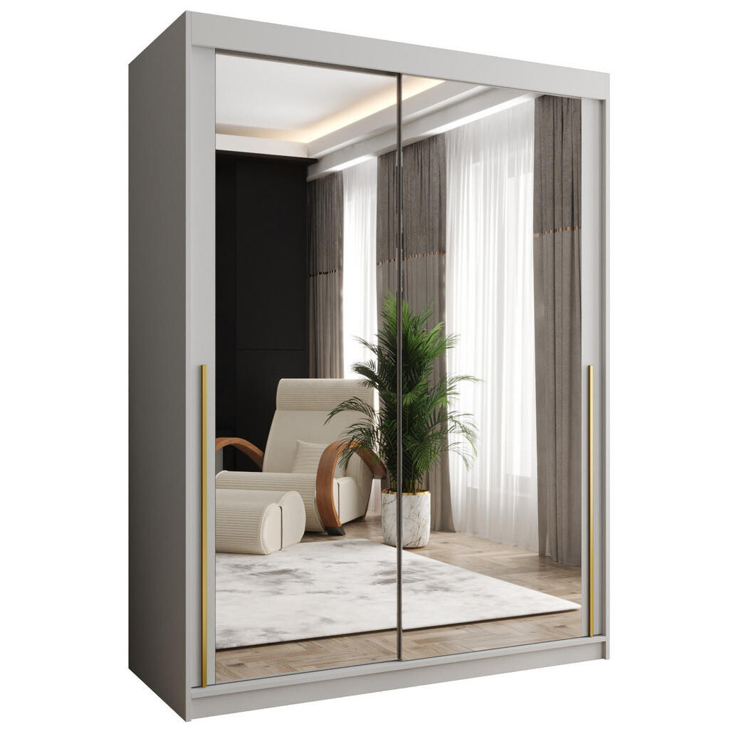 Home Collective ŠATNÍ SKŘÍŇ S POSUVNÝMI DVEŘMI se zrcadlem, šířka 150 cm, bílá se zlatým madlem