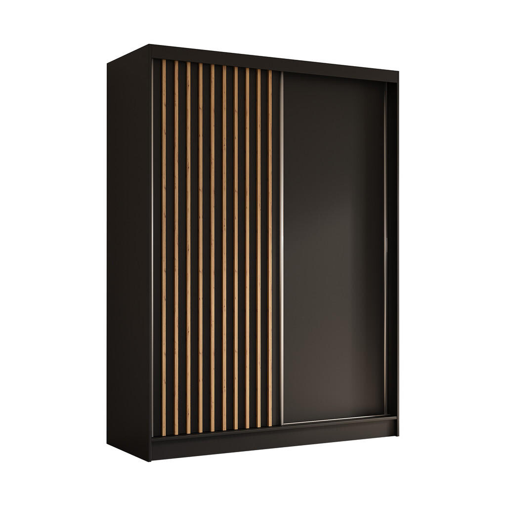 ALTDECOR ŠATNÍ SKŘÍŇ s dýhovanými posuvnými dveřmi a hliníkovými lamelami, LED osvětlení – LABELO – 160 cm černá+černá+Artisan
