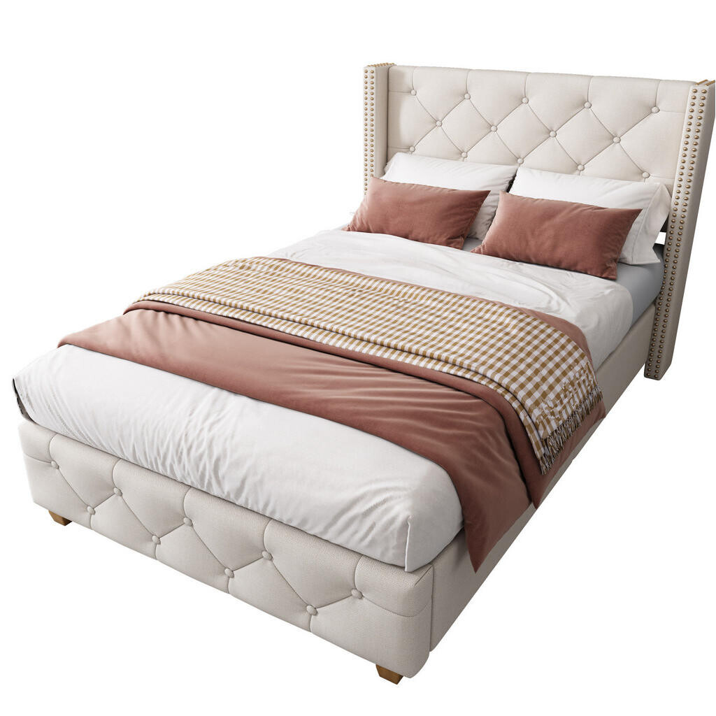 OKWISH ČALOUNĚNÁ postel 90/200 cm béžová z lnu s lamelovým roštem a knoflíkovým čelem