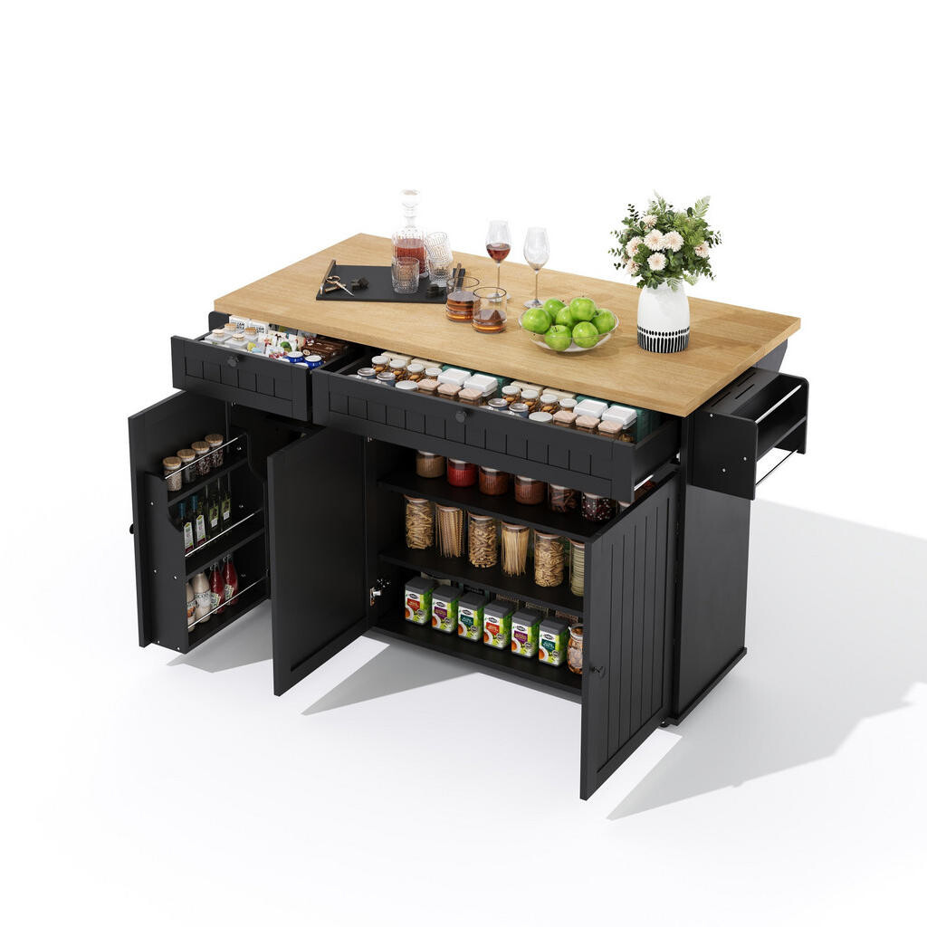 OKWISH KUCHYŇSKÝ ostrov 137/70/89,5 cm přírodní a černý z MDF s klopnou pracovní deskou a úložným prostorem