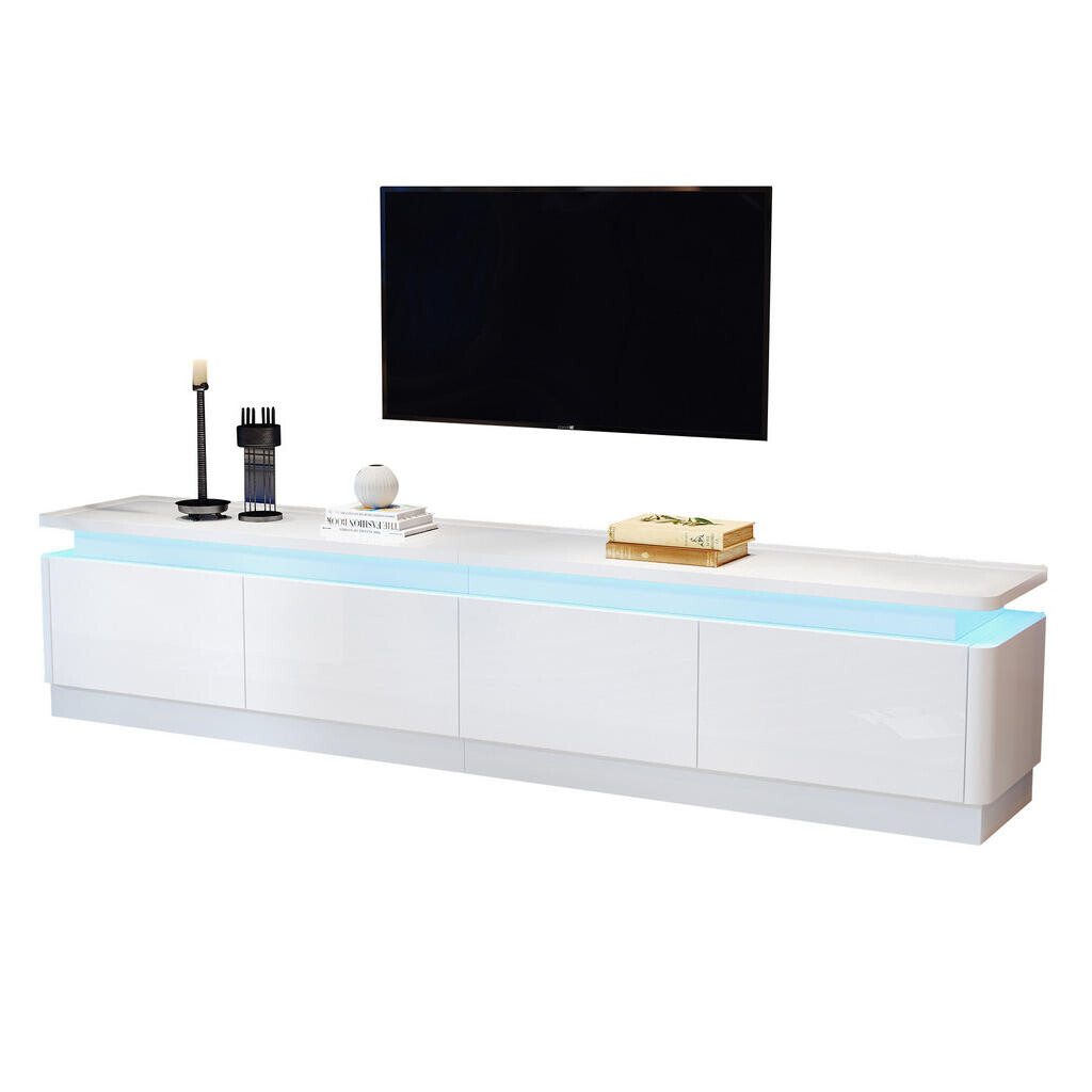 OKWISH TV stolek 180/34/40 cm bílý z dřevotřísky s LED osvětlením, 4 zásuvkami a lesklým povrchem