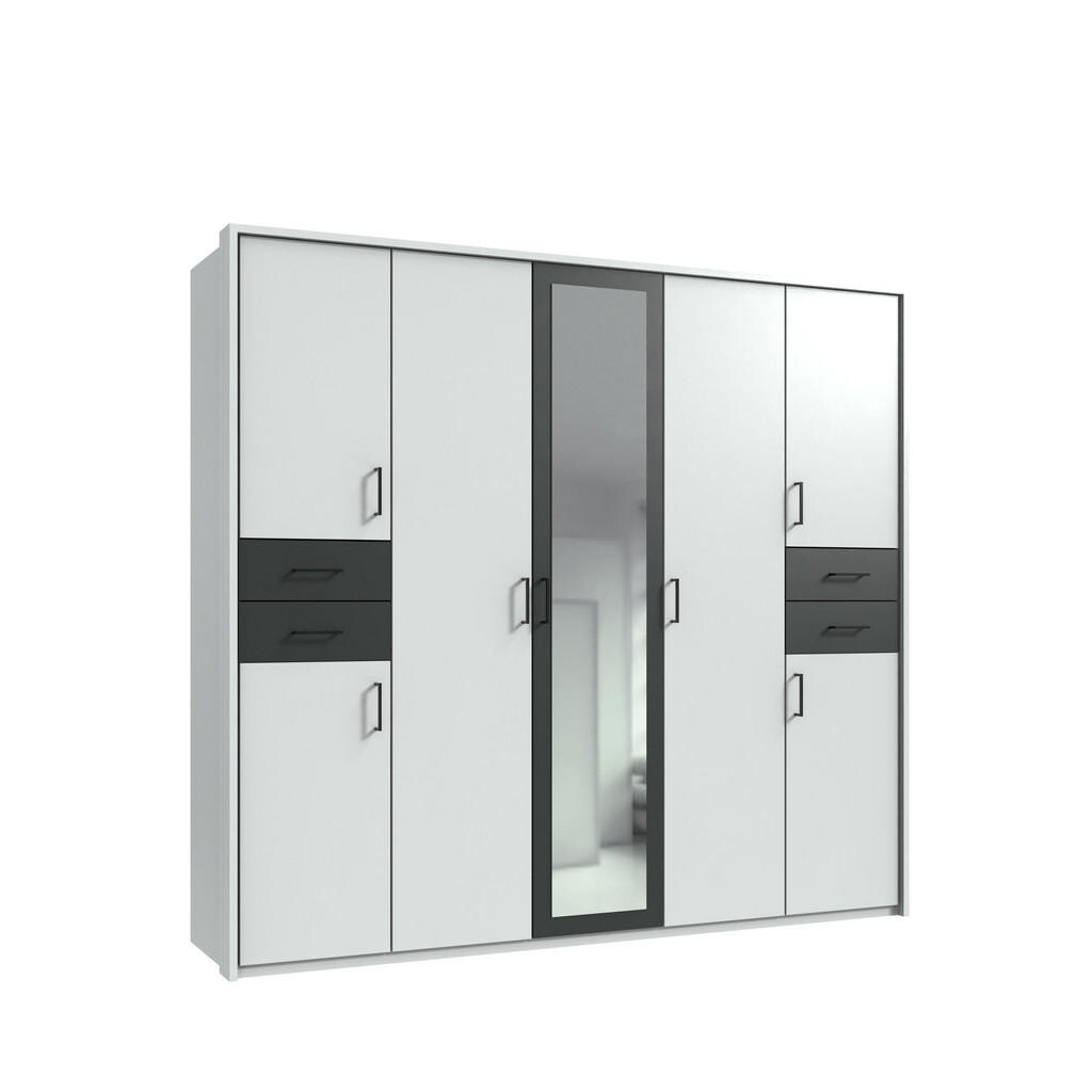 luma-home SKŘÍŇ S OTOČNÝMI DVEŘMI Š228/V210/H58 cm, v bílé barvě s grafitovými akcenty, s paspartou, 1 zrcadlovými dveřmi a zásuvkami, černé úchytky /