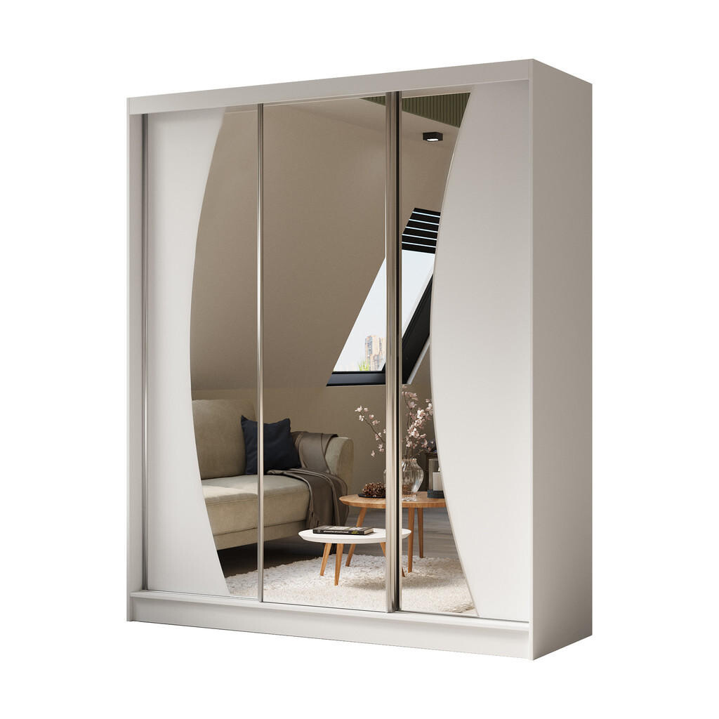 ALTDECOR ŠATNÍ SKŘÍŇ se zrcadlovými posuvnými dveřmi a hliníkovými lamelami, LED osvětlení – VOXI – 180 cm bílá