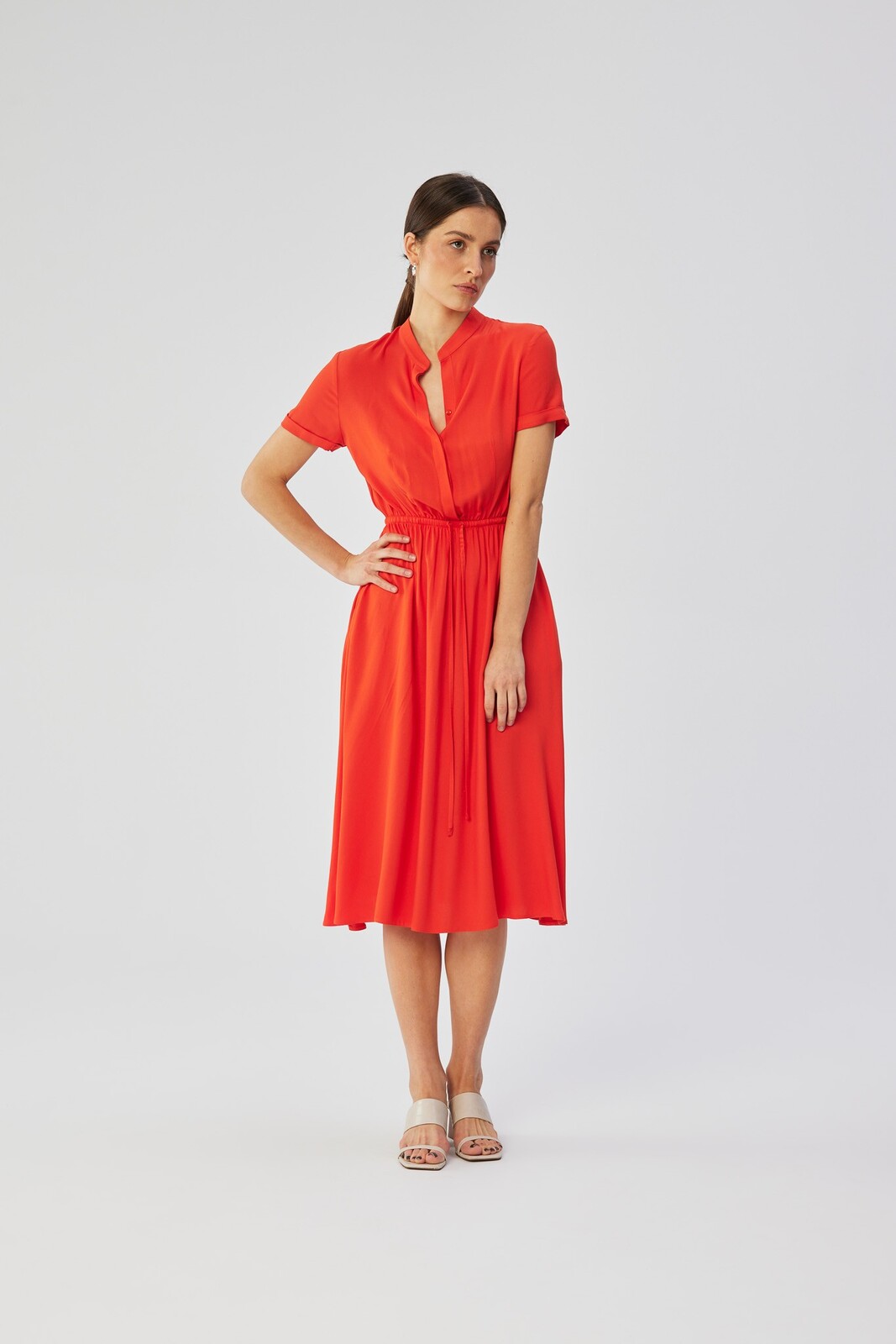 Stylove Woman's Viscose dress with string tied waist - coral