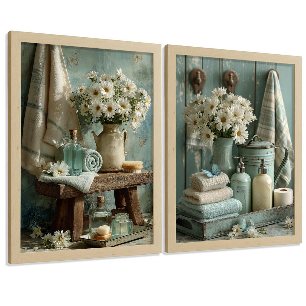 Nacnic PLAKÁT Sada 2 dekorativních koupelnových tisků, květinové v shabby chic Světlý dřevěný rám A4