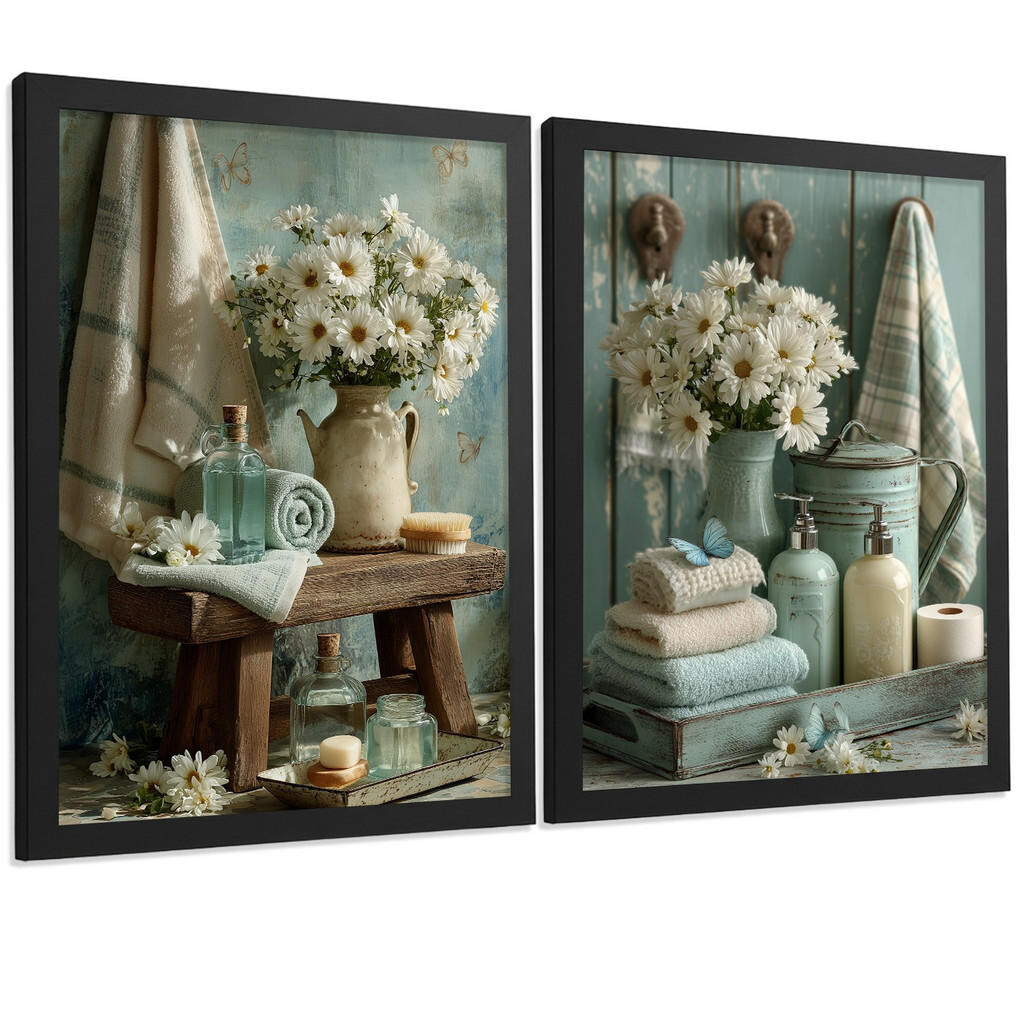 Nacnic PLAKÁT Sada 2 dekorativních koupelnových tisků, květinové v shabby chic Černý rám A3