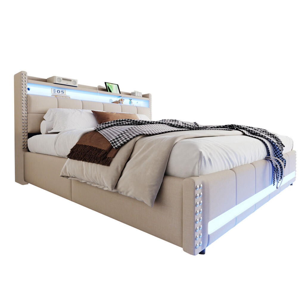 OKWISH ČALOUNĚNÁ postel 180/200 cm béžová z lněné tkaniny s LED osvětlením a úložným prostorem