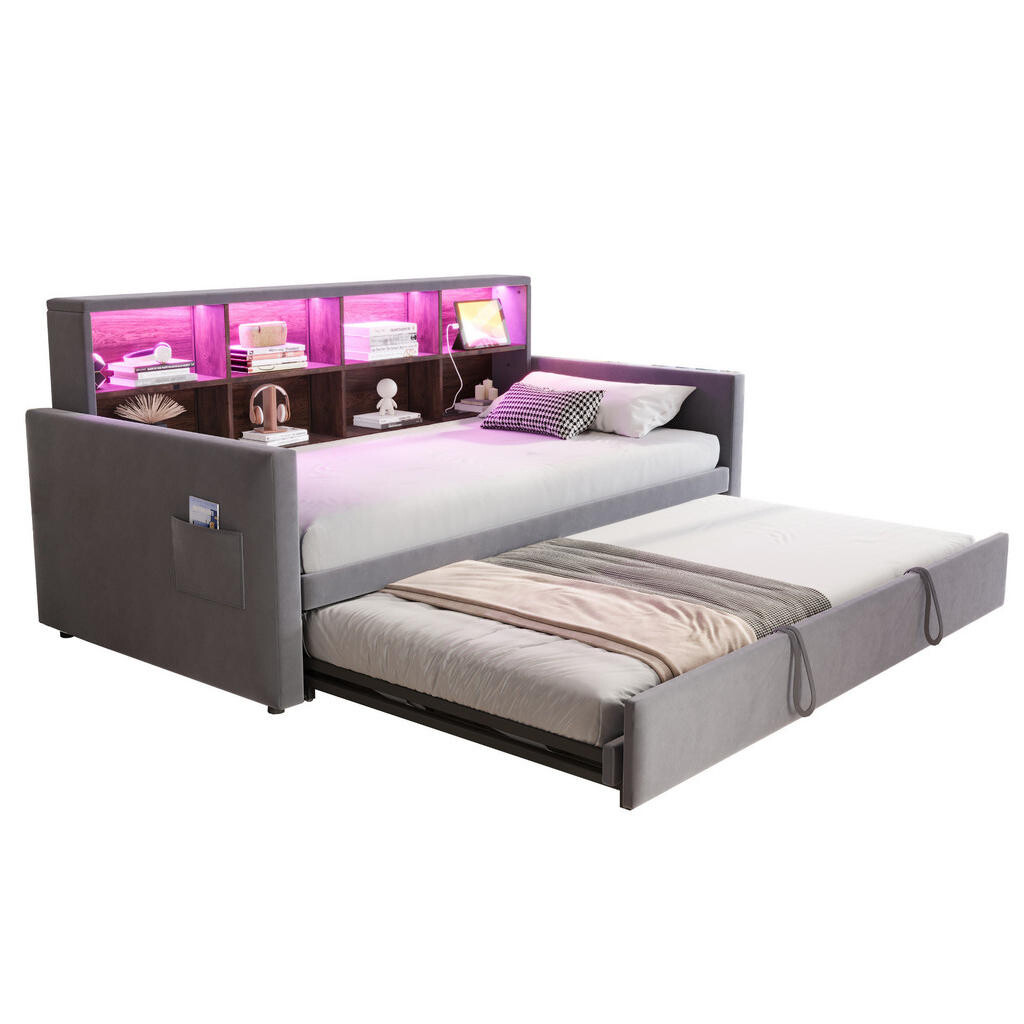 OKWISH ČALOUNĚNÁ postel 90/190 cm šedá z sametu s výsuvným lůžkem a LED osvětlením
