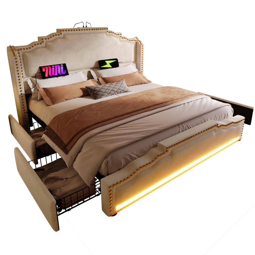Redom ČALOUNĚNÁ postel 140/200 cm s LED osvětlením, USB a Type-C nabíjením, úložným prostorem a 4 zásuvkami, Béžová