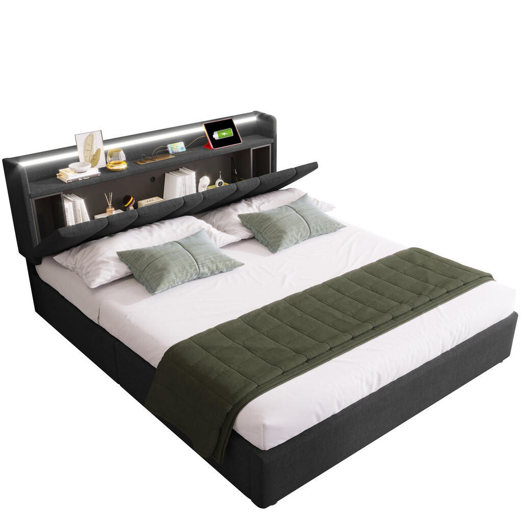 OKWISH ČALOUNĚNÁ postel 160x200 cm šedá z lnu s úložným čelem, LED a USB