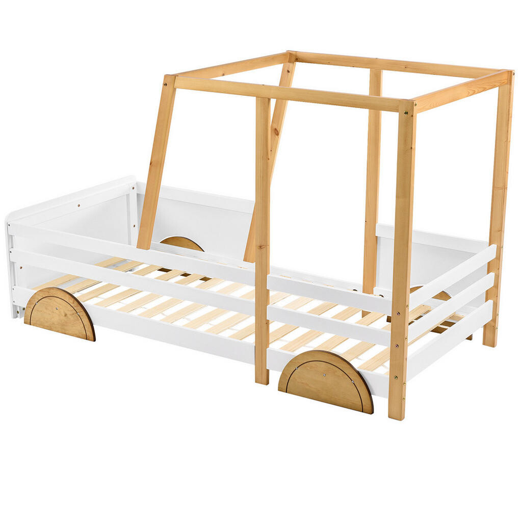 OKWISH DĚTSKÁ postel 90x200 cm bílá a přírodní z masivního dřeva ve tvaru auta