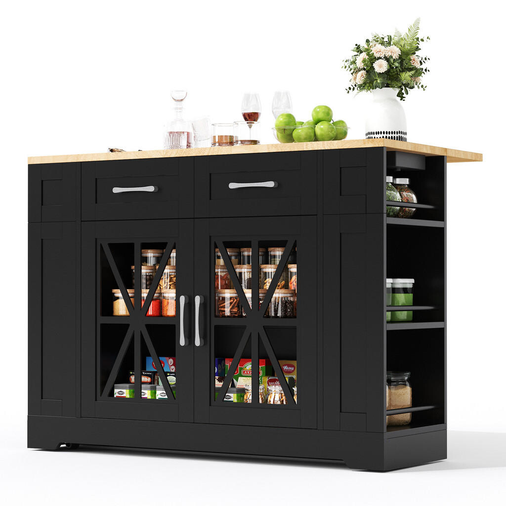 OKWISH KUCHYŇSKÝ ostrůvek 120/40(65)/92 cm černá a přírodní z MDF s výklopným stolem a kolečky