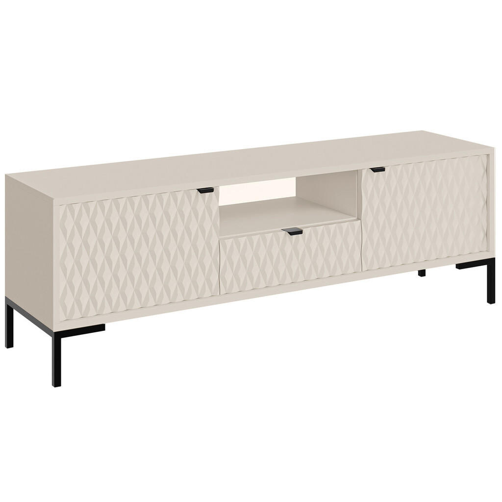 Beautysofa NÍZKÁ KOMODA Montreal se 2 dvířky, 1 zásuvkou a otevřenou přihrádkou, dekorativní 3D čela, kašmír