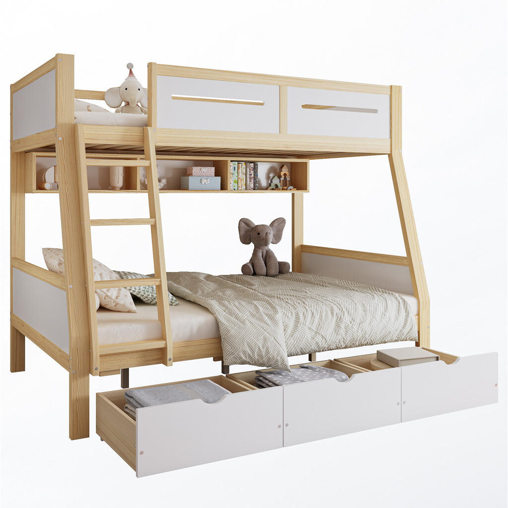 OKWISH PATROVÁ postel 140/200 cm bílá/přírodní z borovice a MDF se zásuvkami