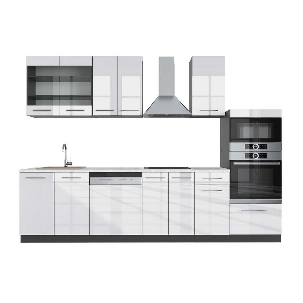 Vicco KUCHYŇSKÝ KOUT Fame-Line Bílý vysoký lesk/antracit 300 cm s vysokou skříní, PD Mramor