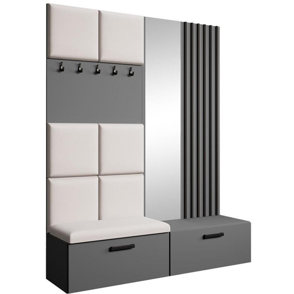 Beautysofa PŘEDSÍŇOVÁ sestava Margaret I+II 162/203/43 s čalouněnými panely / lamelami / zrcadlem, grafitová|černá