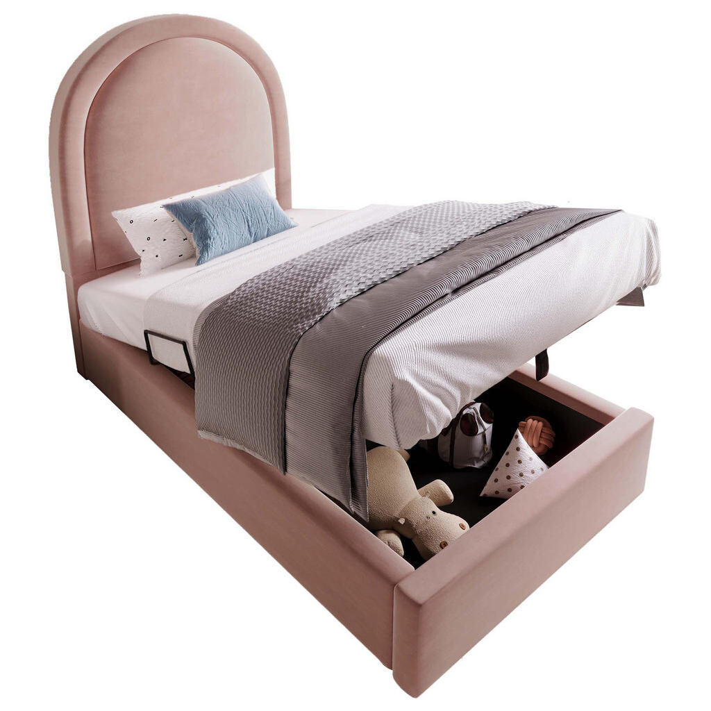 OKWISH ČALOUNĚNÁ postel 90/200 cm růžová ze sametu s úložným prostorem a lamelovým roštem
