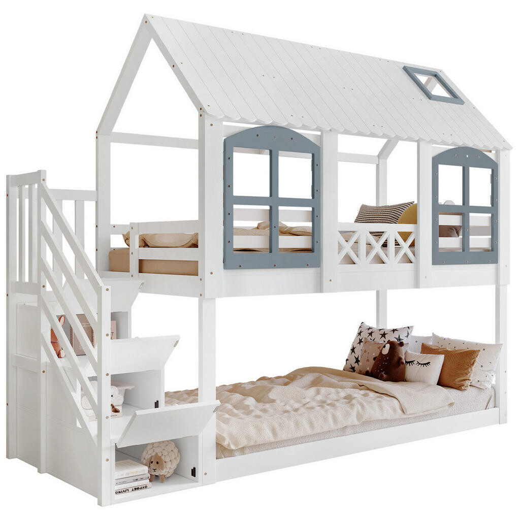 OKWISH PATROVÁ postel 90/200 cm bílá/šedá z borovice/MDF se schody