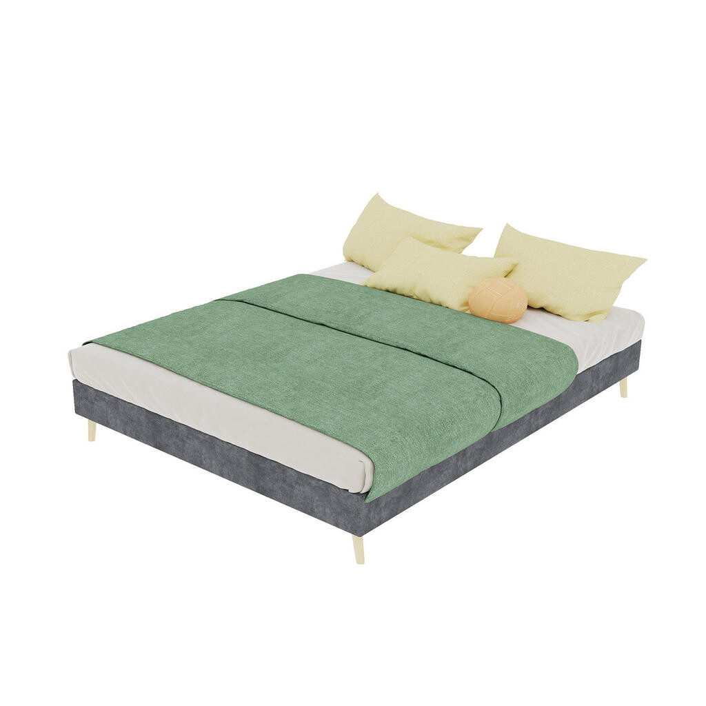 OKWISH POSTEL 140/200 cm šedá z látky a kovu s geometrickým čelem a lamelovým roštem