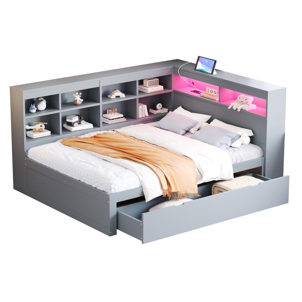 OKWISH MULTIFUNKČNÍ postel 140/200 cm šedá z masivního dřeva s USB a LED osvětlením a úložným prostorem