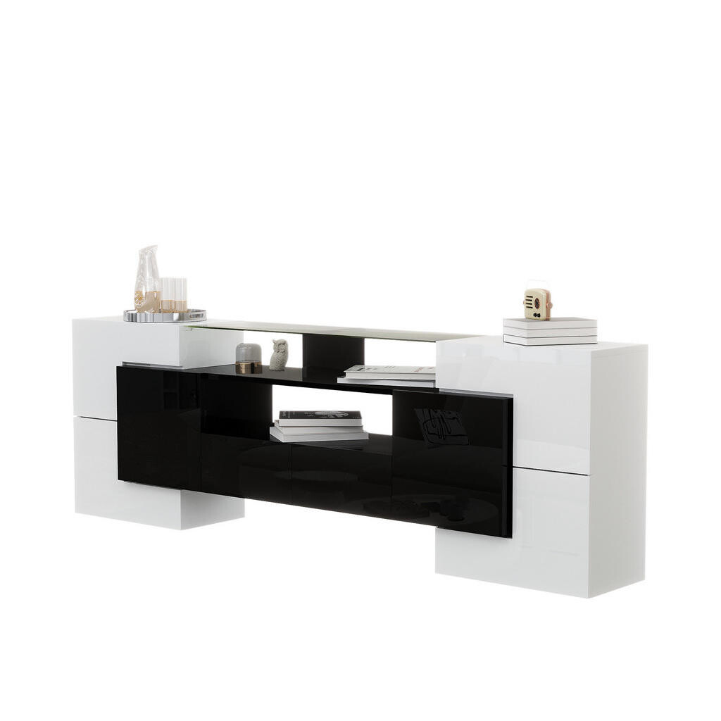 Redom TV stolek 200/35/60 cm s LED osvětlením, vysoký lesk a skleněná plocha, úložný prostor, Bílá/Černá