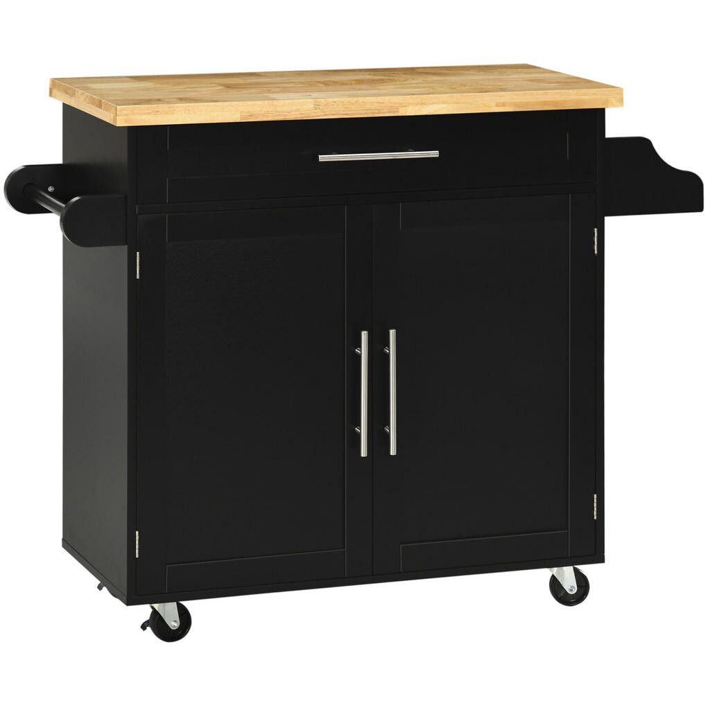 OKWISH KUCHYŇSKÝ vozík 109/40/89 cm černý z dřeva s pracovní deskou, kořením a držákem na utěrky