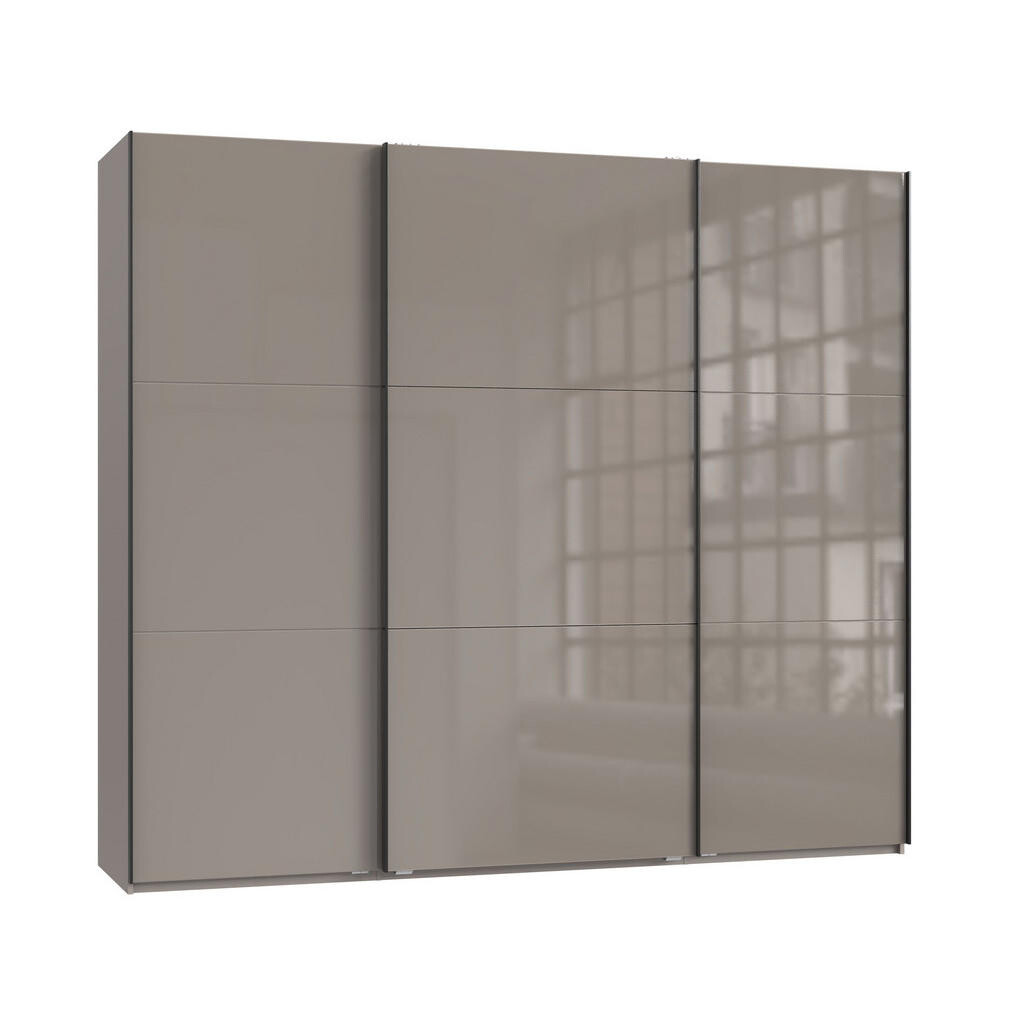 luma-home SKŘÍŇ S POSUVNÝMI DVEŘMI, 3dveřová, 250 × 216 × 65 cm (Š×V×H), v pískově šedé barvě se skleněnými čely, včetně kompletního vybavení / 22031