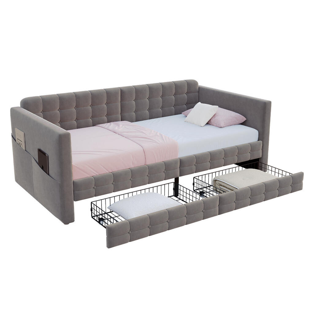 OKWISH ČALOUNĚNÁ postel 90/190 cm šedá ze sametu s úložnými kapsami a 2 zásuvkami