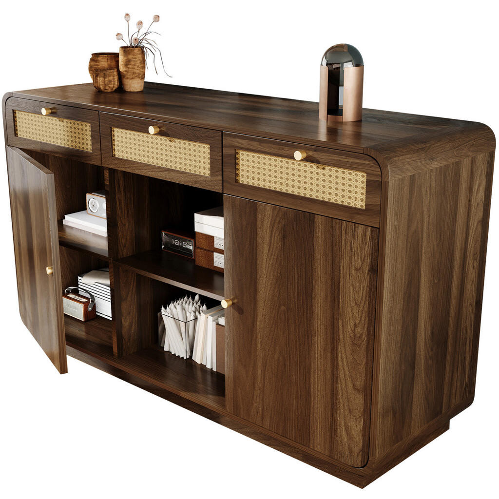 OKWISH KOMODA 120/40/85 cm ořechová z MDF a dřevotřísky s ratanovými čely a zlatými úchytkami