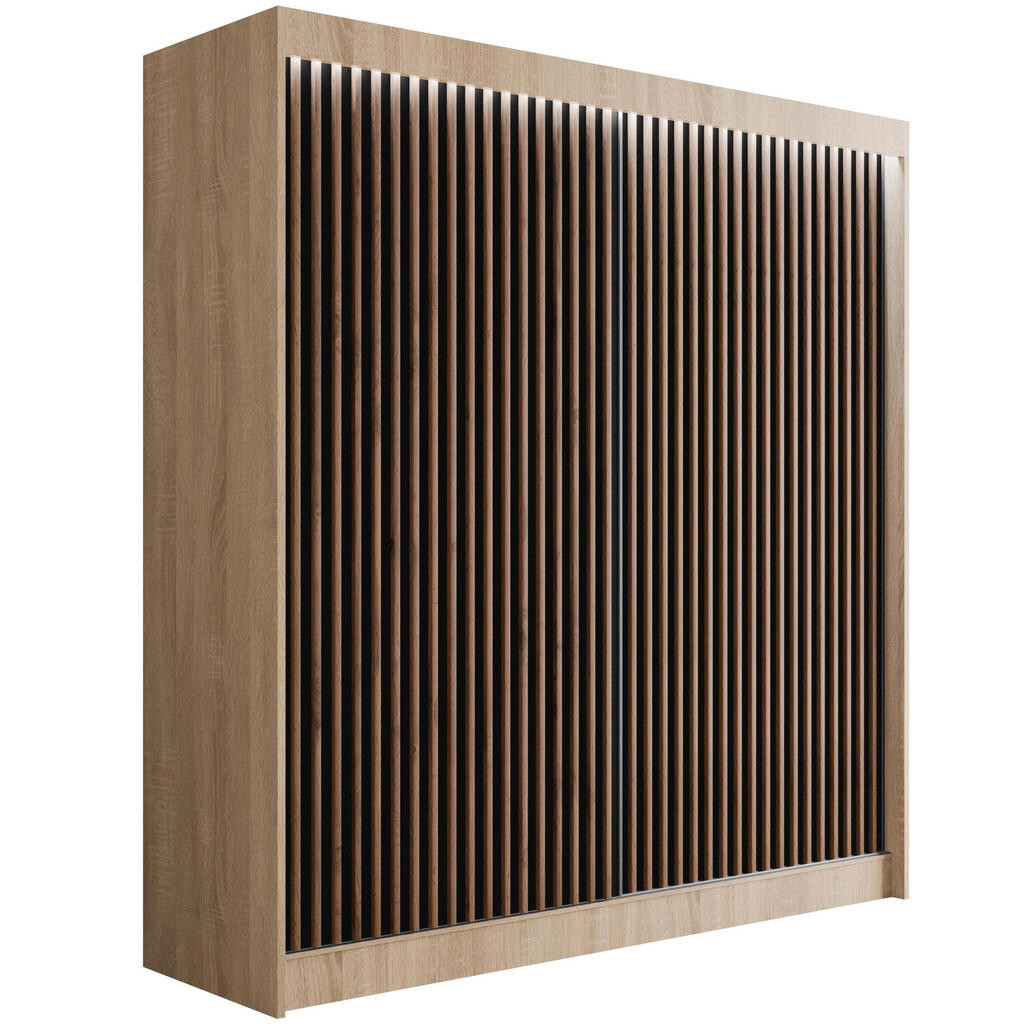ALTDECOR ŠATNÍ SKŘÍŇ s LED osvětlením, lamelovými posuvnými dveřmi VILANv2 – 200 cm Sonoma dub + lamely dub wotan