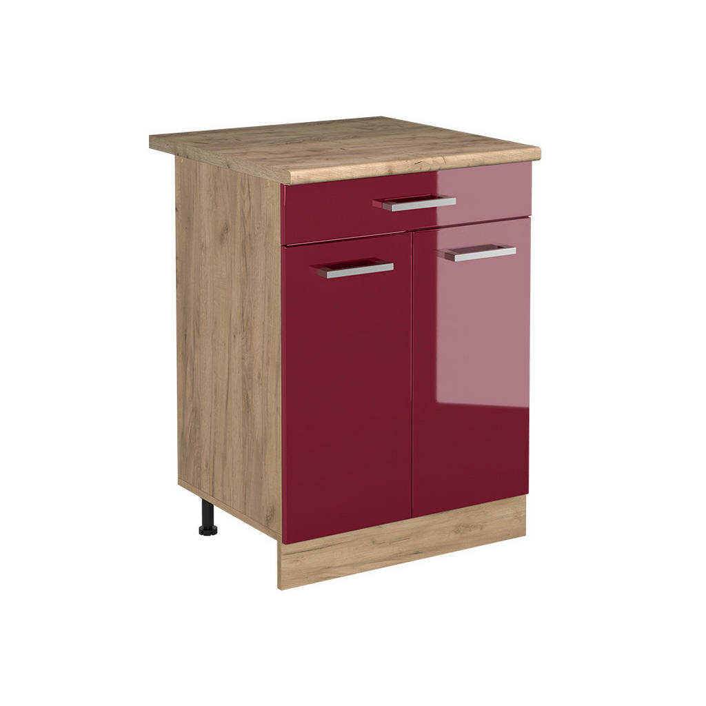 Vicco SPODNÍ SKŘÍŇKA KUCHYŇSKÉ LINKY R-Line, Červená vysoký lesk/Zlatý mocný dub, 60 cm se zásuvkou pracovná doska Dub Goldkraft