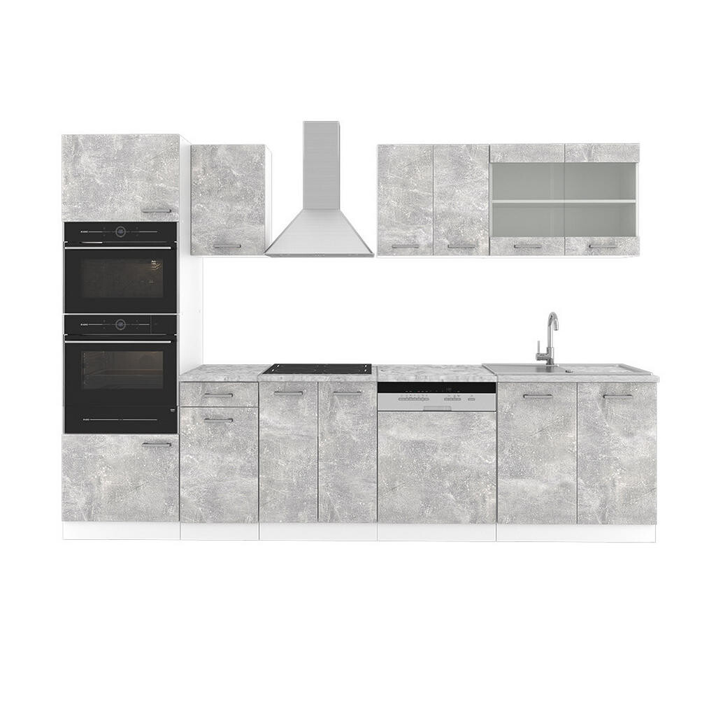 Vicco KUCHYŇSKÝ KOUT R-Line Beton 300 cm s vysokou skříní, s pracovní deskou