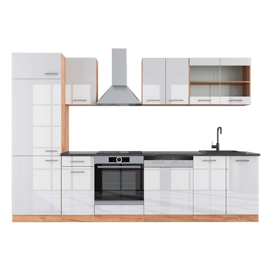 Vicco KUCHYŇSKÝ KOUT R-Line Bílý vysoký lesk/zlatý dub power 300 cm , PD Antracit