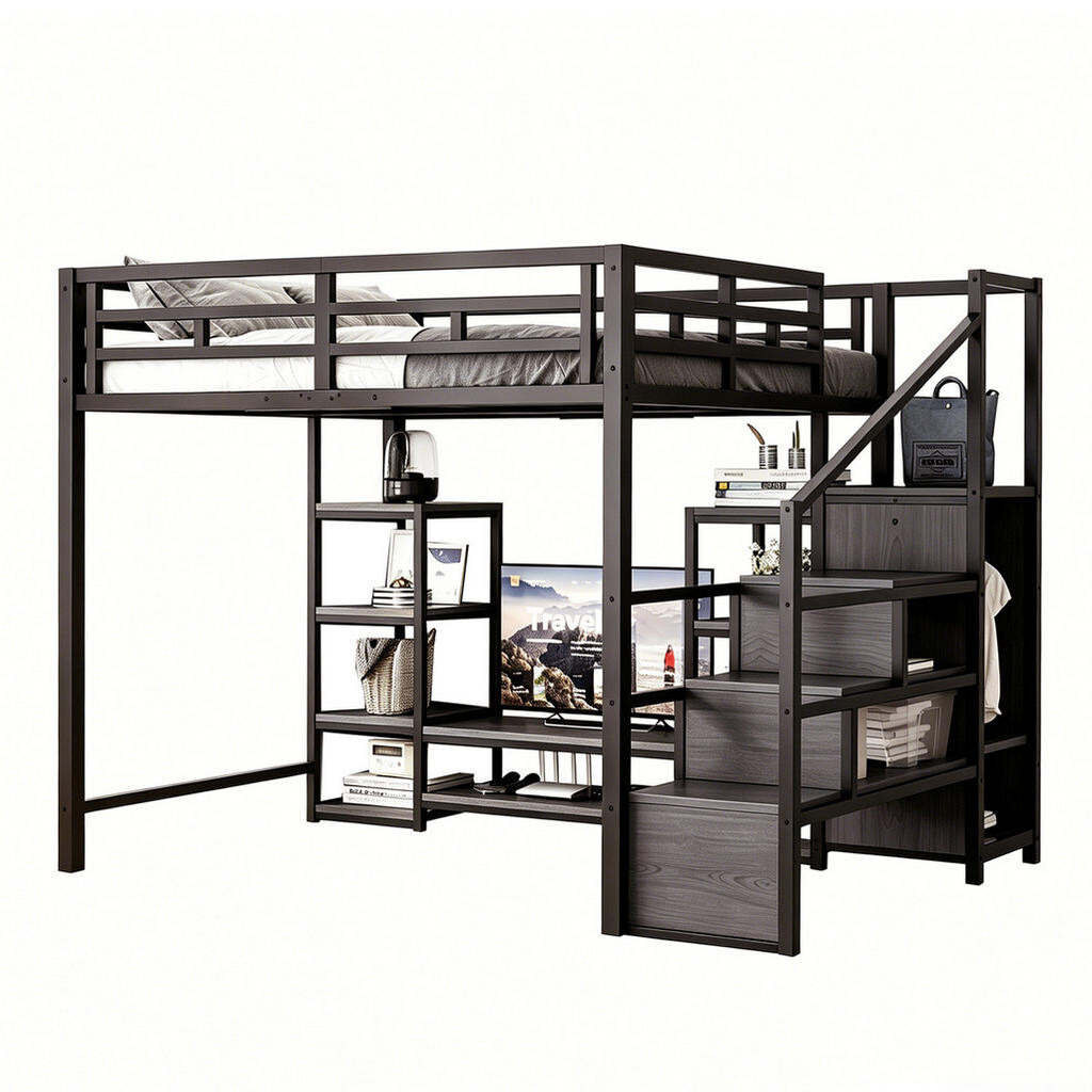 OKWISH PATROVÁ postel 140/200 cm černá z kovu a MDF s TV stolkem, zásuvkou a žebříkem