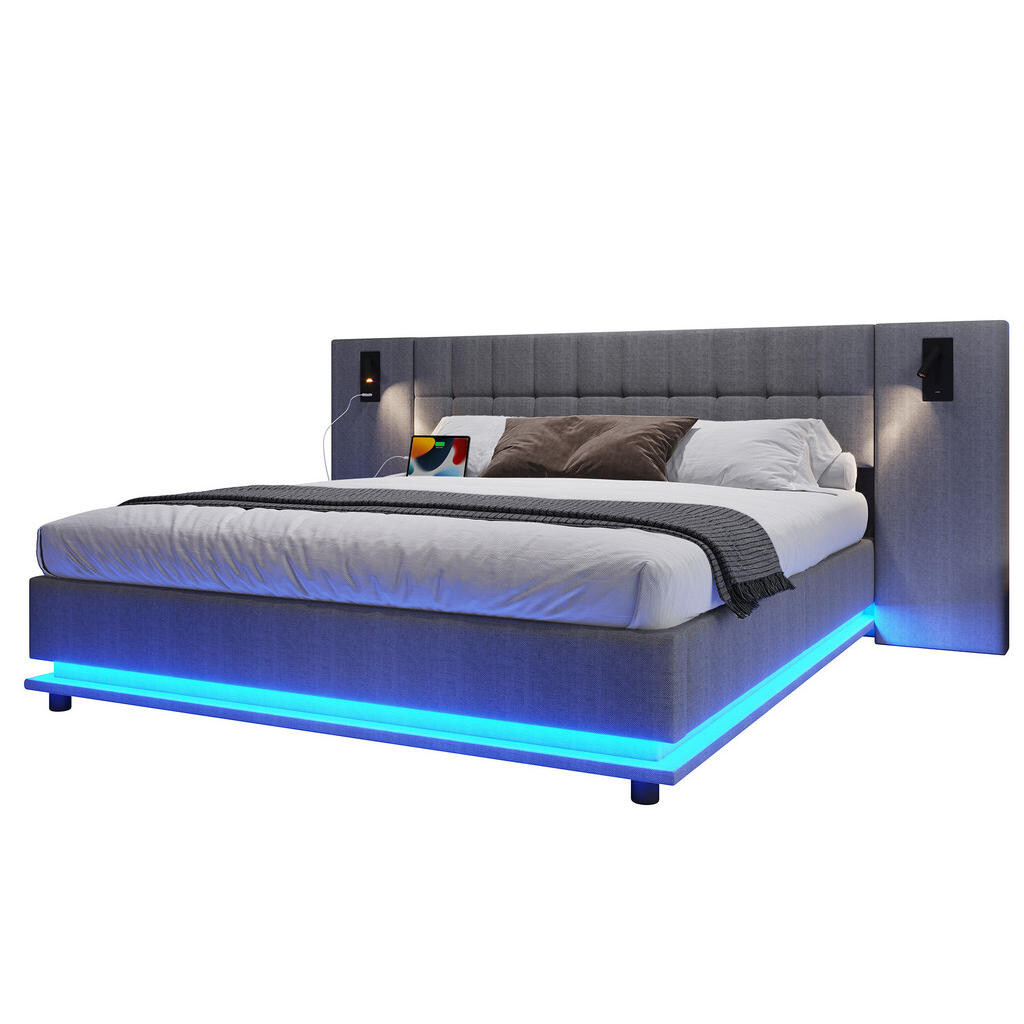 Redom ČALOUNĚNÁ postel 180/200 cm s LED osvětlením, USB portem a čtecím bodovým světlem, Šedá