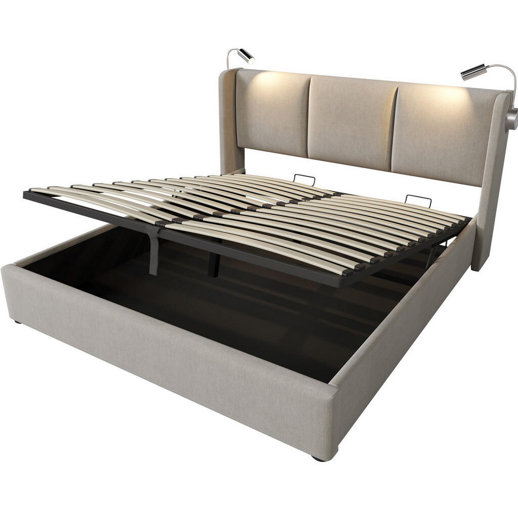 Redom ČALOUNĚNÁ postel 140x200 cm s LED čtenářským světlem, USB nabíjením a úložným prostorem, Béžová