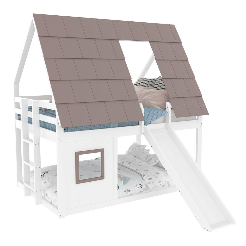 Redom PALANDA 140/200 cm s domečkovým designem, střechou, žebříkem a skluzavkou, stabilní konstrukce, Hnědá + Bílá