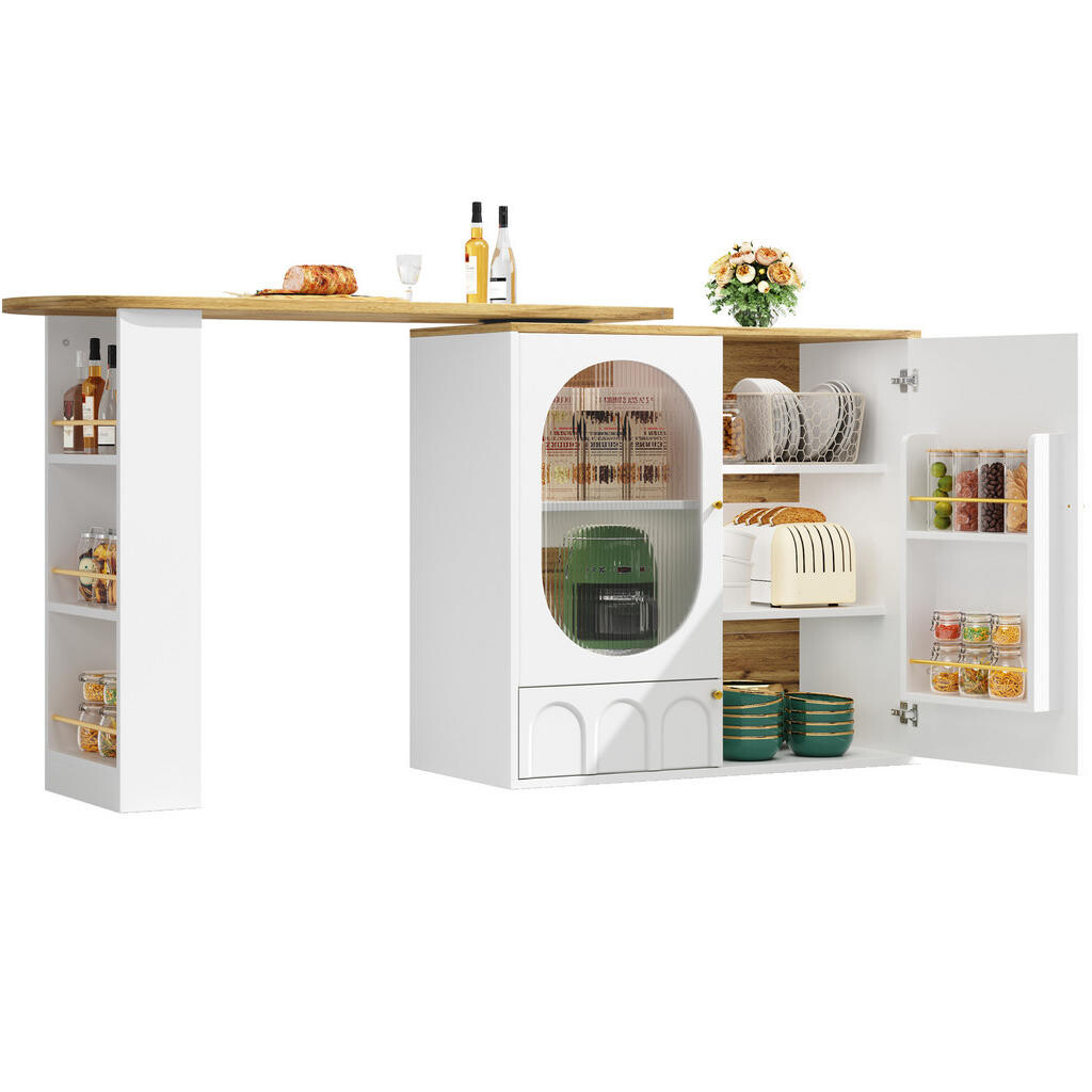OKWISH BAROVÝ stůl 138/39/105 cm bílý z MDF a kovu s otočným přístavným stolkem a úložným prostorem