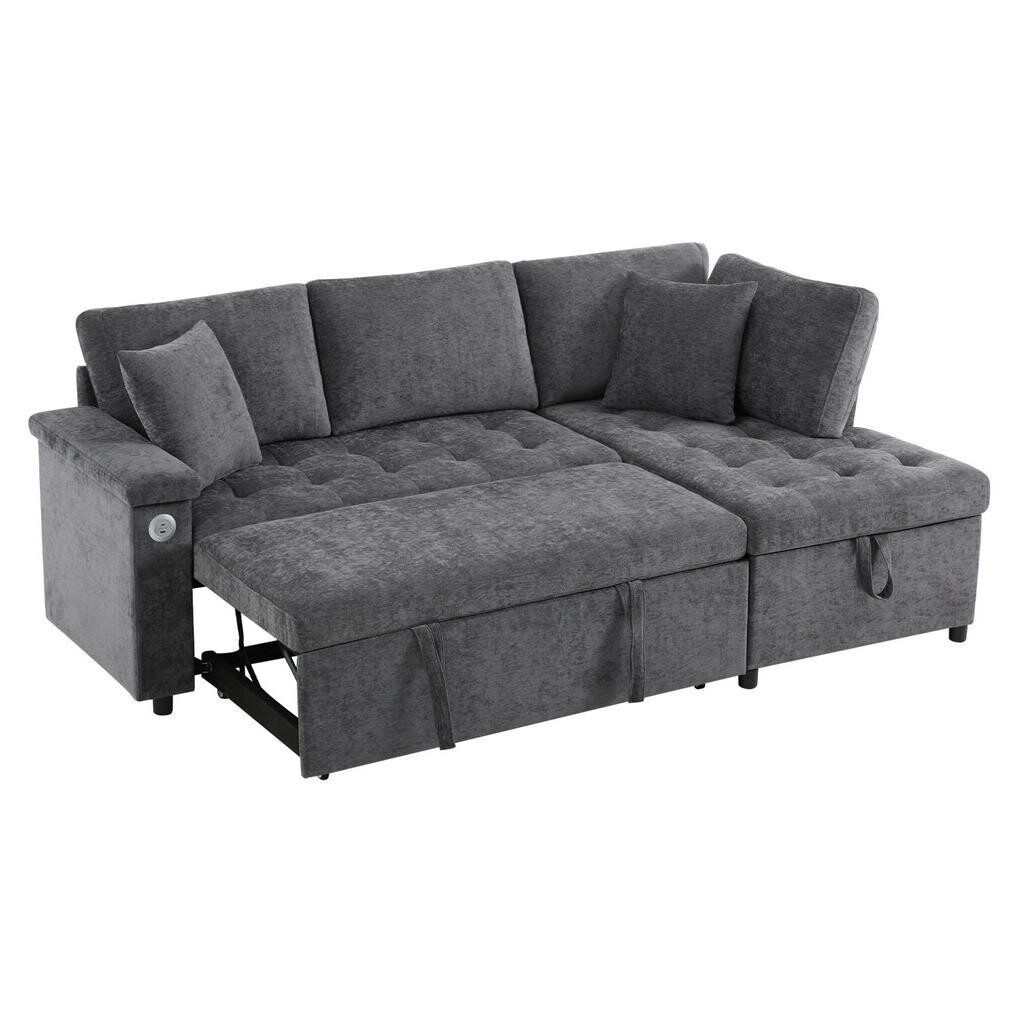 Redom ROZKLÁDACÍ rohová pohovka 209/130/84 cm s úložným prostorem, USB portem, držákem na nápoje a 2 polštáři, Tmavě šedá