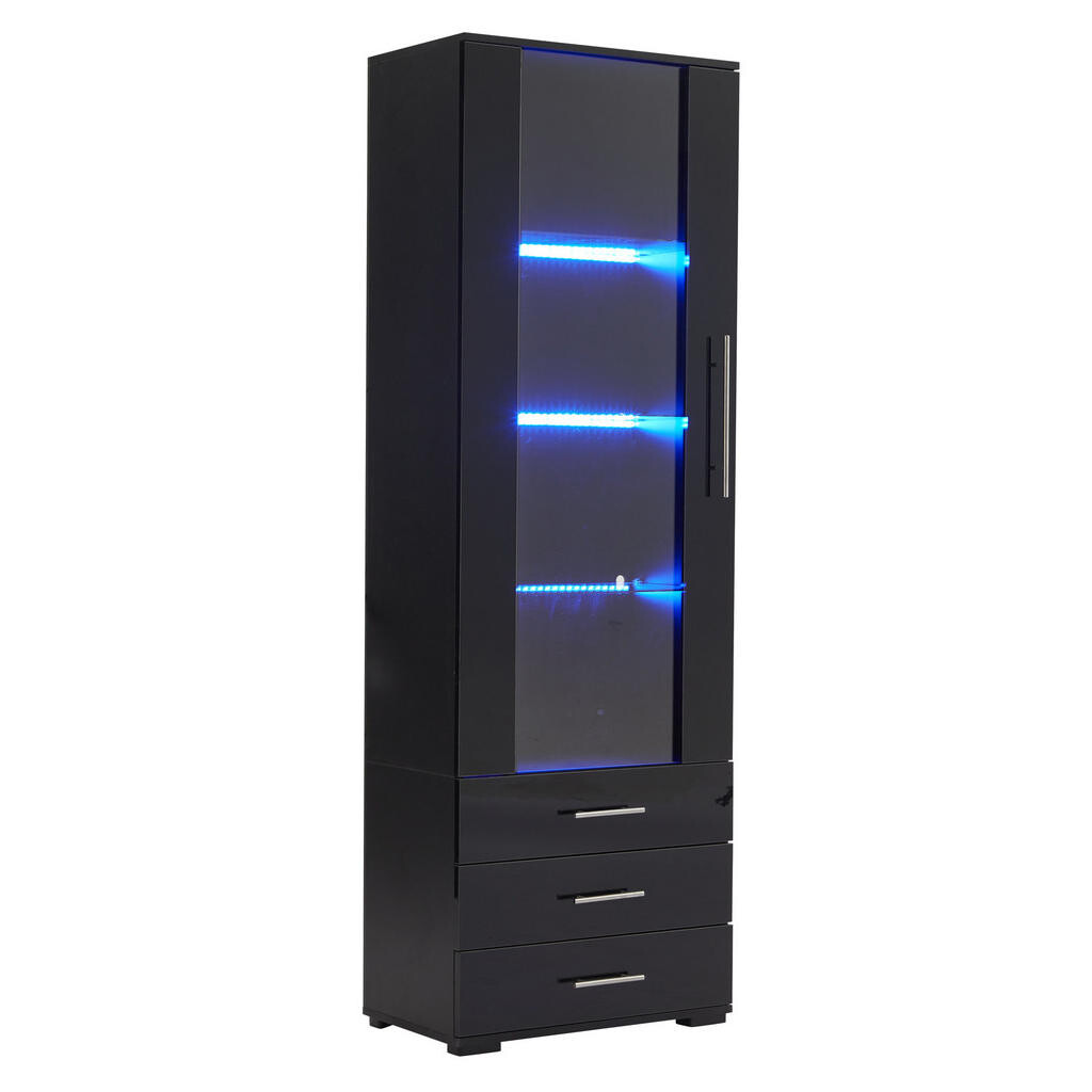 Redom VITRÍNA 60/35/180 cm z MDF s LED osvětlením, 3 zásuvkami a vysokým leskem, Černá