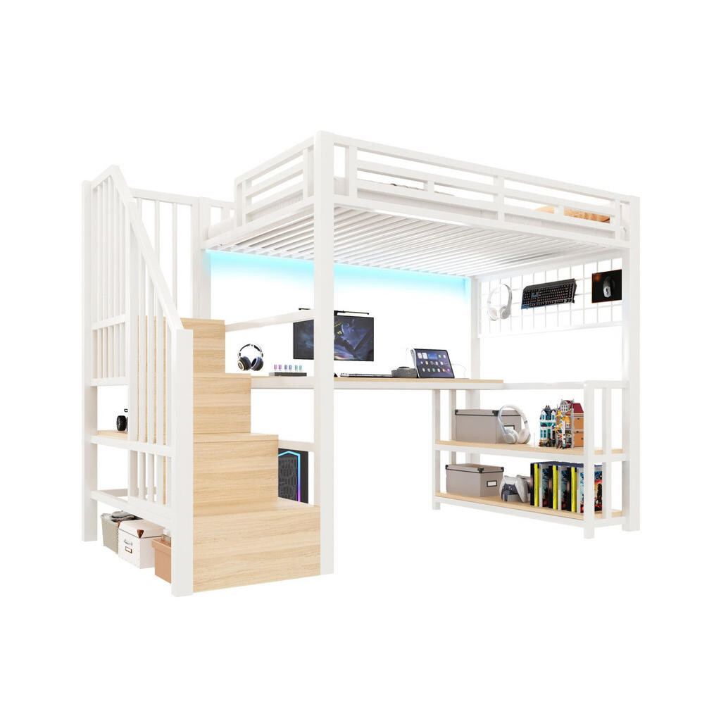 OKWISH PATROVÁ postel 90/200 cm bílá z kovu/MDF s psacím stolem a LED osvětlením