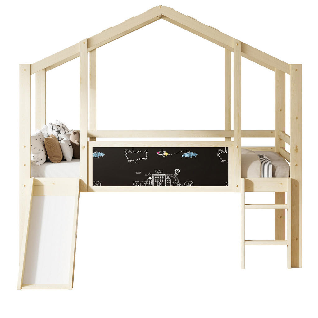 OKWISH PATROVÁ postel 90/200 cm, design podkrovní postele se skluzavkou a tabulí z masivního dřeva